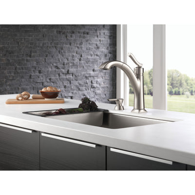 Delta Kine Spotshield Stainless Steel Finish Single Handle Pull-Out Kitchen Faucet with Soap Dispenser D16967SPSDDST