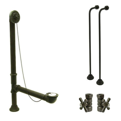 Bronze Clawfoot Tub Hardware Kit Drain, Single Offset Supply lines, Cross Stops