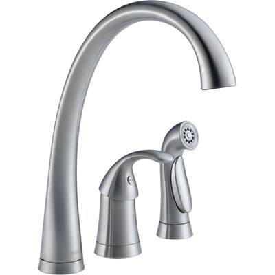 Delta Arctic Stainless Finish Modern Pilar Single Handle Kitchen Sink Faucet with Side Spray and Deck Mount Soap Dispenser Package D066CR