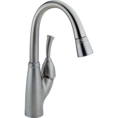 Delta Arctic Stainless Finish Allora Collection Single Handle Pull Down Kitchen Faucet, Soap Dispenser, and Pull Out Bar / Prep Faucet Package D034CR