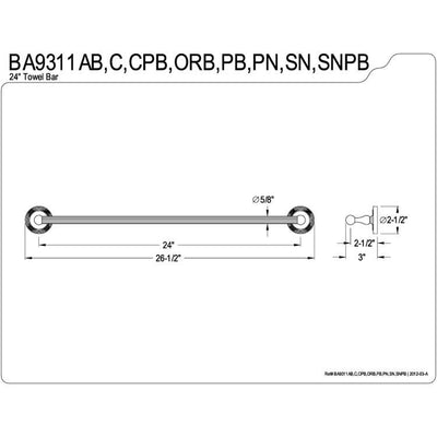 Kingston Brass Satin Nickel Georgian 24" single towel rack bar BA9311SN