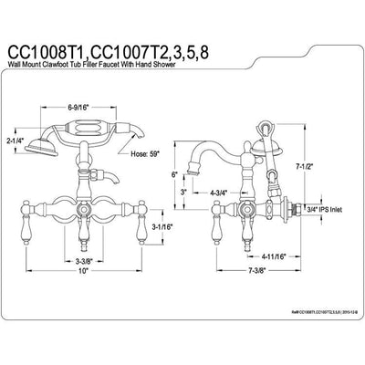 Kingston Polished Brass Wall Mount Clawfoot Tub Faucet w hand shower CC1007T2