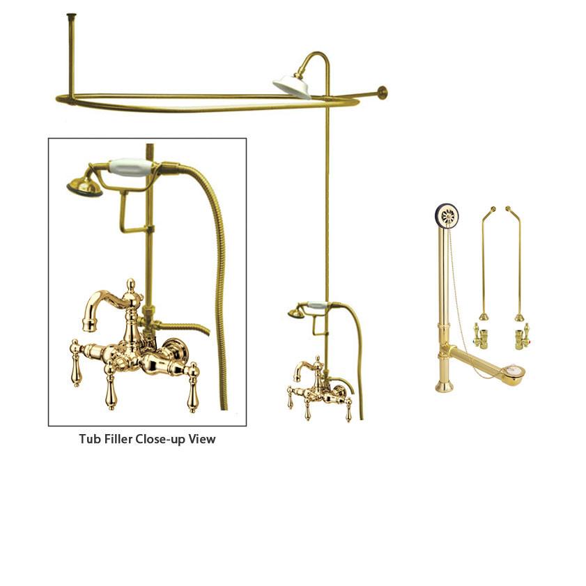 Polished Brass Clawfoot Tub Faucet Shower Kit with Enclosure Curtain Rod 1007T2CTS