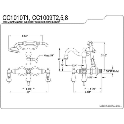 Kingston Polished Brass Wall Mount Clawfoot Tub Faucet w hand shower CC1009T2