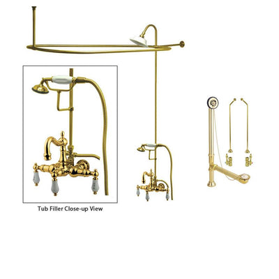 Polished Brass Clawfoot Tub Faucet Shower Kit with Enclosure Curtain Rod 1009T2CTS