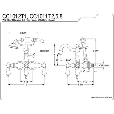 Kingston Satin Nickel Wall Mount Clawfoot Tub Faucet w hand shower CC1011T8