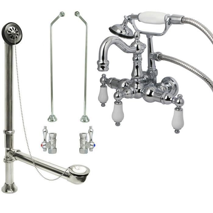 Chrome Wall Mount Clawfoot Tub Faucet w hand shower w Drain Supplies Stops CC1012T1system