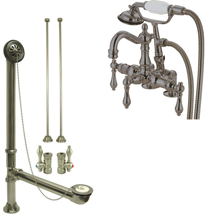 Satin Nickel Deck Mount Clawfoot Tub Faucet w hand shower w Drain Supplies Stops CC1013T8system