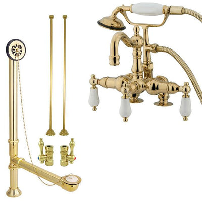 Polished Brass Deck Mount Clawfoot Tub Faucet Package w Drain Supplies Stops CC1015T2system