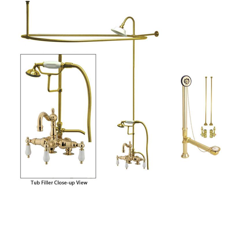 Polished Brass Clawfoot Tub Faucet Shower Kit with Enclosure Curtain Rod 1015T2CTS