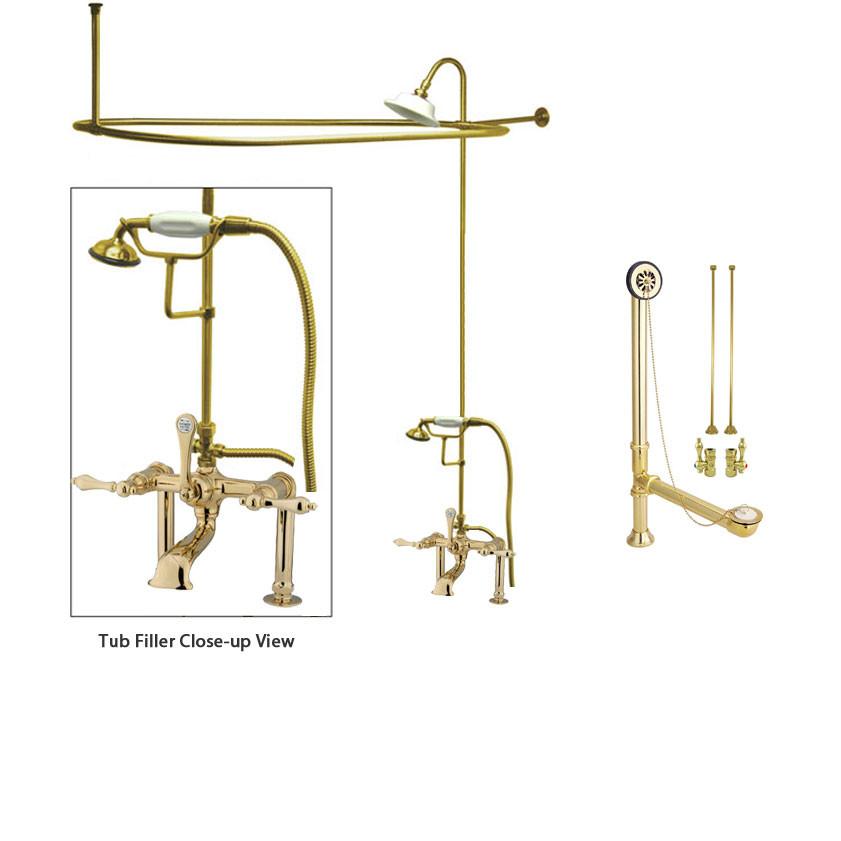 Polished Brass Clawfoot Tub Faucet Shower Kit with Enclosure Curtain Rod 103T2CTS