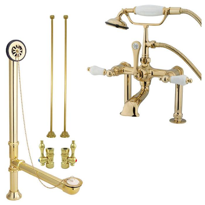 Polished Brass Deck Mount Clawfoot Tub Filler Faucet w Hand Shower Package CC105T2system