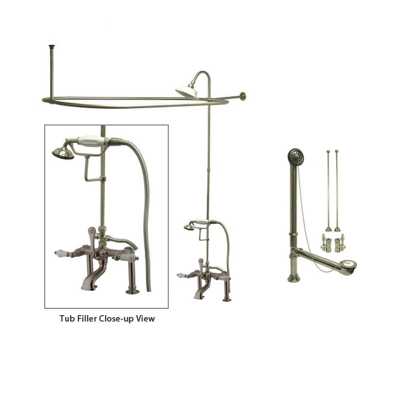 Satin Nickel Clawfoot Tub Faucet Shower Kit with Enclosure Curtain Rod 105T8CTS