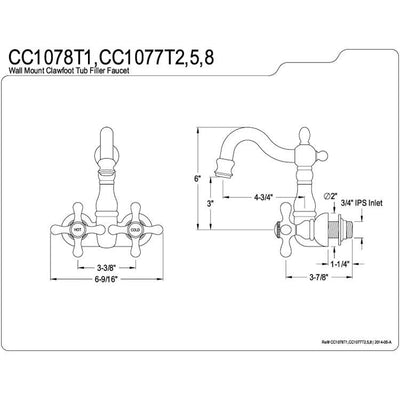 Kingston Brass Polished Brass Wall Mount Clawfoot Tub Faucet CC1077T2