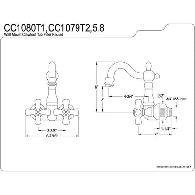 Kingston Brass Polished Brass Wall Mount Clawfoot Tub Faucet CC1079T2