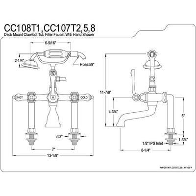 Kingston Polished Brass Deck Mount Clawfoot Tub Faucet with Hand Shower CC107T2