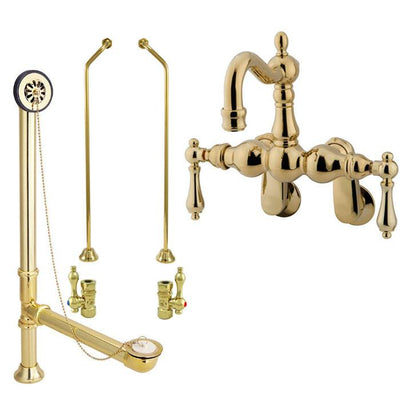 Polished Brass Wall Mount Clawfoot Tub Faucet Package w Drain Supplies Stops CC1081T2system