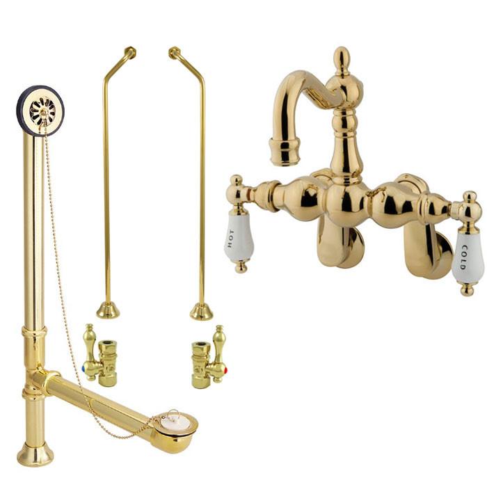 Polished Brass Wall Mount Clawfoot Tub Faucet Package w Drain Supplies Stops CC1085T2system