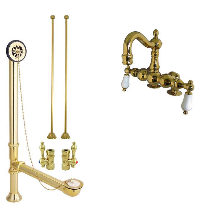 Polished Brass Deck Mount Clawfoot Tub Faucet Package w Drain Supplies Stops CC1093T2system