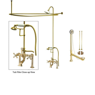 Polished Brass Clawfoot Tub Faucet Shower Kit with Enclosure Curtain Rod 109T2CTS