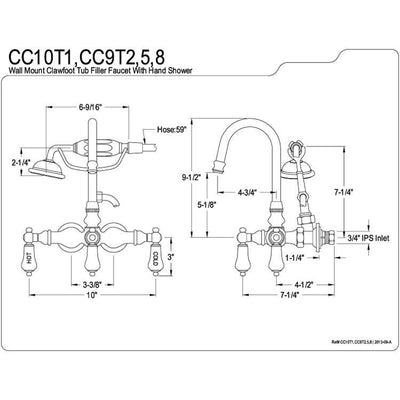 Kingston Chrome Wall Mount Clawfoot Tub Filler Faucet with Hand Shower CC10T1