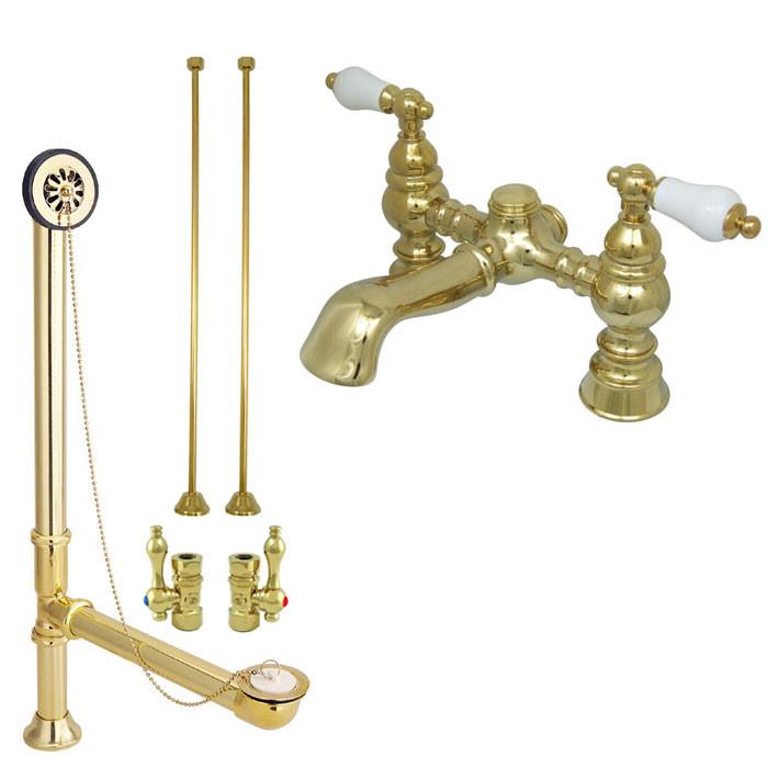 Polished Brass Deck Mount Clawfoot Tub Faucet Package w Drain Supplies Stops CC1130T2system