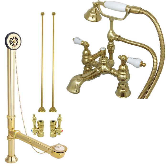 Polished Brass Deck Mount Clawfoot Tub Faucet w hand shower Drain Supplies Stops CC1154T2system