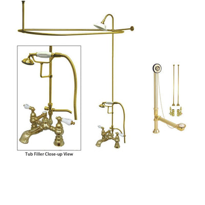 Polished Brass Clawfoot Tub Faucet Shower Kit with Enclosure Curtain Rod 1154T2CTS