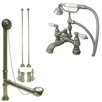 Satin Nickel Deck Mount Clawfoot Tub Faucet w hand shower w Drain Supplies Stops CC1154T8system