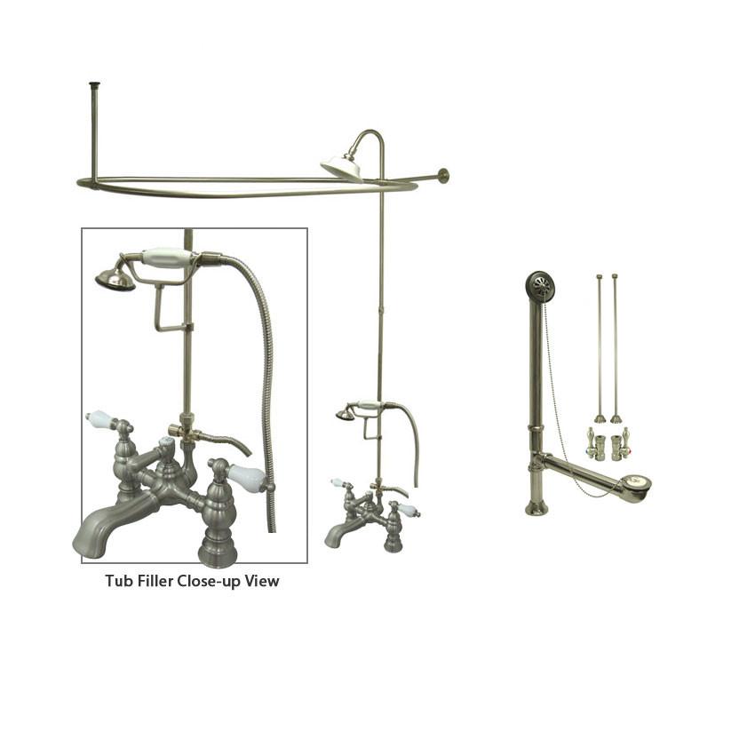 Satin Nickel Clawfoot Tub Faucet Shower Kit with Enclosure Curtain Rod 1156T8CTS