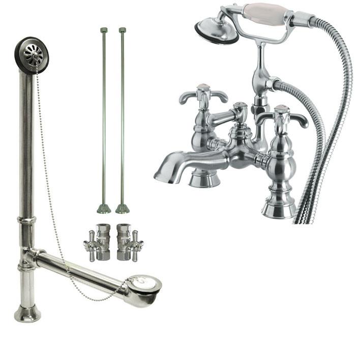 Chrome Deck Mount Clawfoot Tub Faucet w hand shower w Drain Supplies Stops CC1158T1system