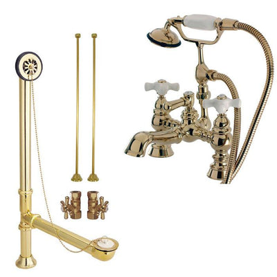 Polished Brass Deck Mount Clawfoot Tub Faucet Package w Drain Supplies Stops CC1160T2system