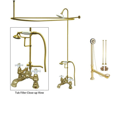 Polished Brass Clawfoot Tub Faucet Shower Kit with Enclosure Curtain Rod 1160T2CTS