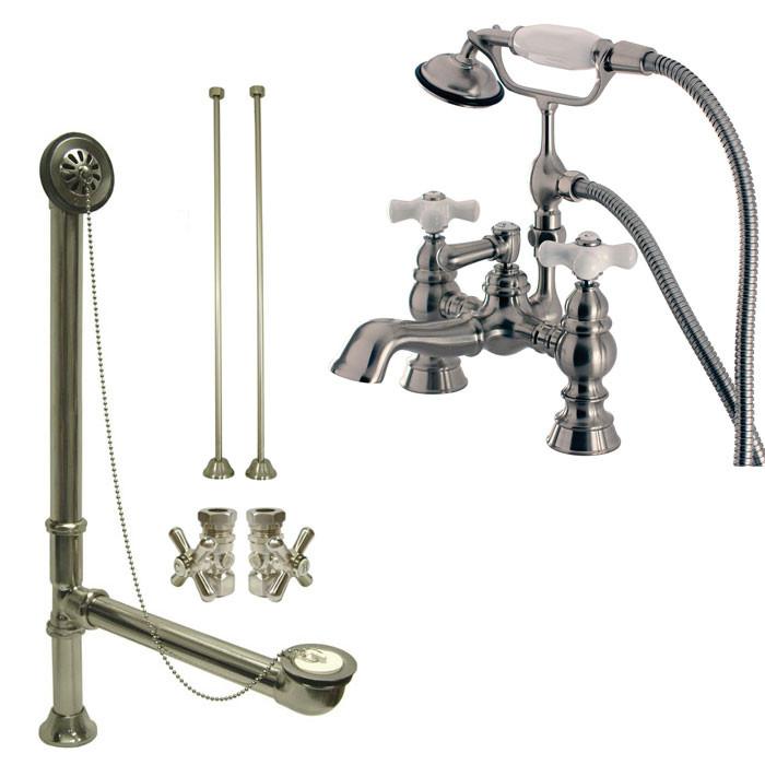 Satin Nickel Deck Mount Clawfoot Tub Faucet w hand shower w Drain Supplies Stops CC1160T8system