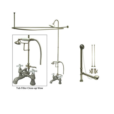 Satin Nickel Clawfoot Bathtub Faucet Shower Kit with Enclosure Curtain Rod 1160T8CTS