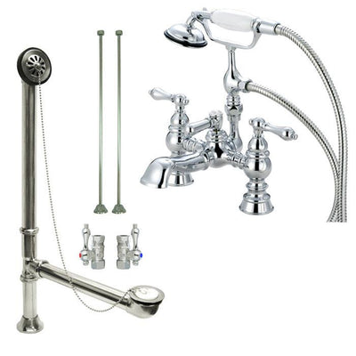 Chrome Deck Mount Clawfoot Tub Faucet w hand shower w Drain Supplies Stops CC1161T1system