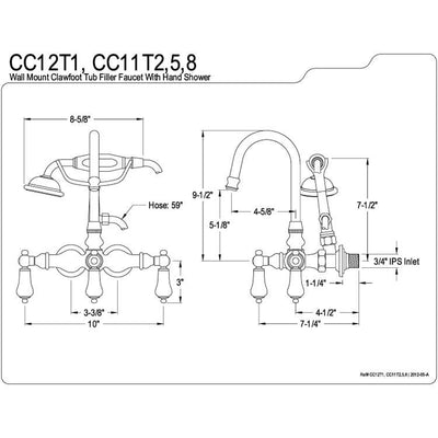 Kingston Polished Brass Wall Mount Clawfoot Tub Faucet w hand shower CC11T2