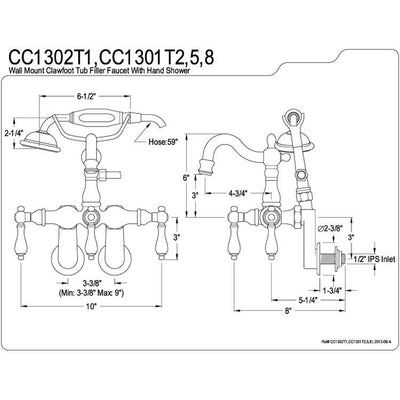 Kingston Polished Brass Wall Mount Clawfoot Tub Faucet w hand shower CC1301T2