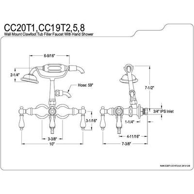 Kingston Polished Brass Wall Mount Clawfoot Tub Faucet w hand shower CC19T2