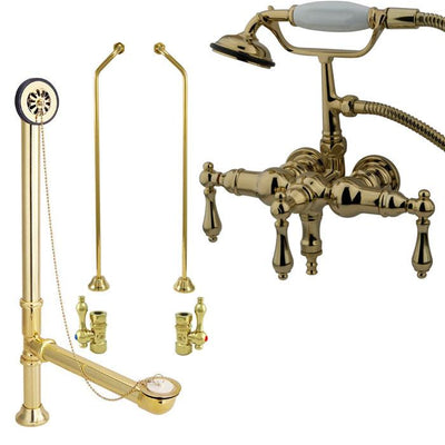 Polished Brass Wall Mount Clawfoot Tub Faucet Package w Drain Supplies Stops CC19T2system