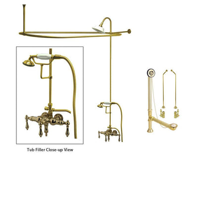 Polished Brass Clawfoot Tub Faucet Shower Kit with Enclosure Curtain Rod 19T2CTS