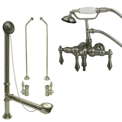 Satin Nickel Wall Mount Clawfoot Tub Faucet w hand shower w Drain Supplies Stops CC19T8system