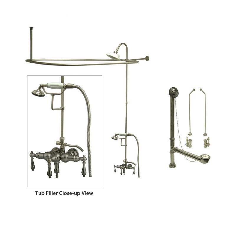 Satin Nickel Clawfoot Tub Faucet Shower Kit with Enclosure Curtain Rod 19T8CTS