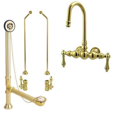 Polished Brass Wall Mount Clawfoot Tub Faucet Package w Drain Supplies Stops CC1T2system