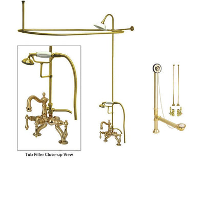 Polished Brass Clawfoot Tub Faucet Shower Kit with Enclosure Curtain Rod 2007T2CTS