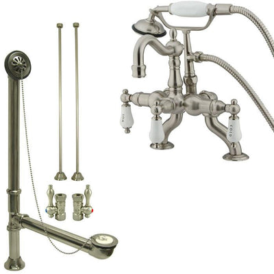 Satin Nickel Deck Mount Clawfoot Tub Faucet w hand shower w Drain Supplies Stops CC2009T8system