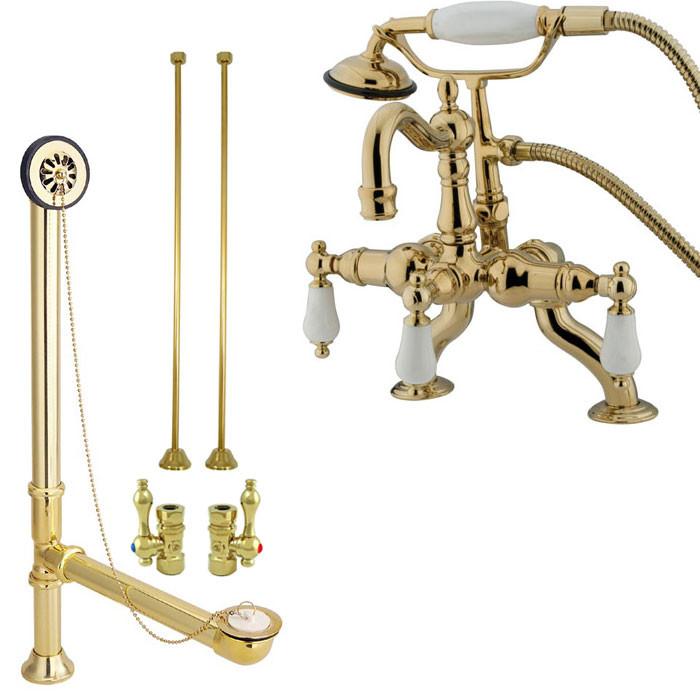 Polished Brass Deck Mount Clawfoot Tub Faucet w hand shower Drain Supplies Stops CC2011T2system