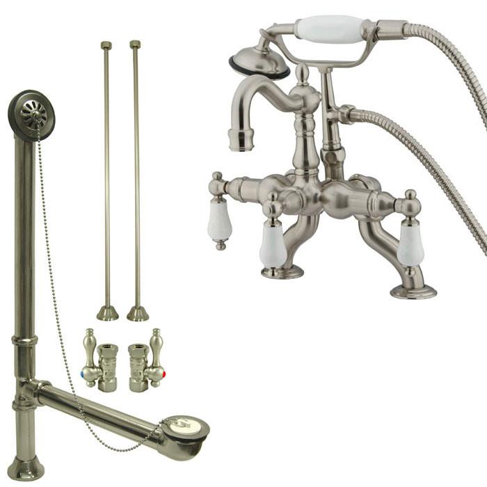 Satin Nickel Deck Mount Clawfoot Tub Faucet w hand shower w Drain Supplies Stops CC2011T8system