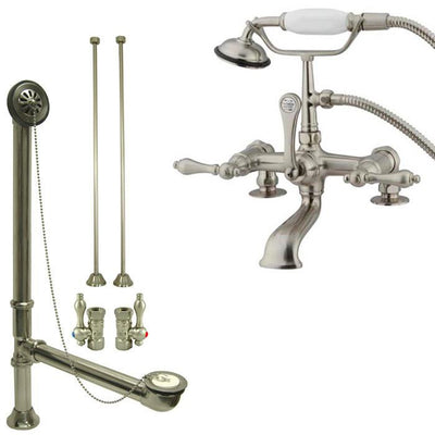 Satin Nickel Deck Mount Clawfoot Tub Faucet w hand shower w Drain Supplies Stops CC203T8system