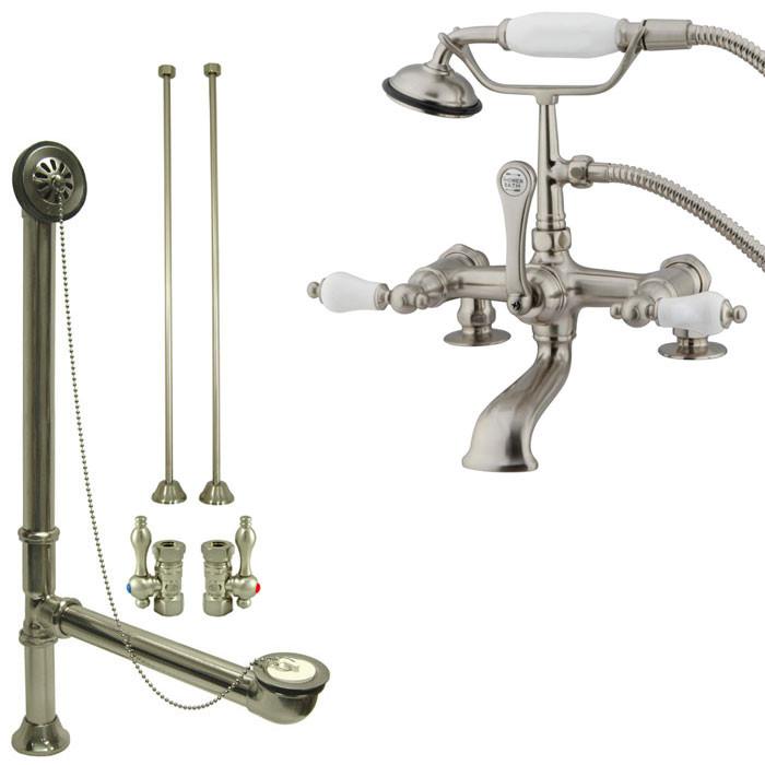 Satin Nickel Deck Mount Clawfoot Tub Faucet w hand shower w Drain Supplies Stops CC205T8system